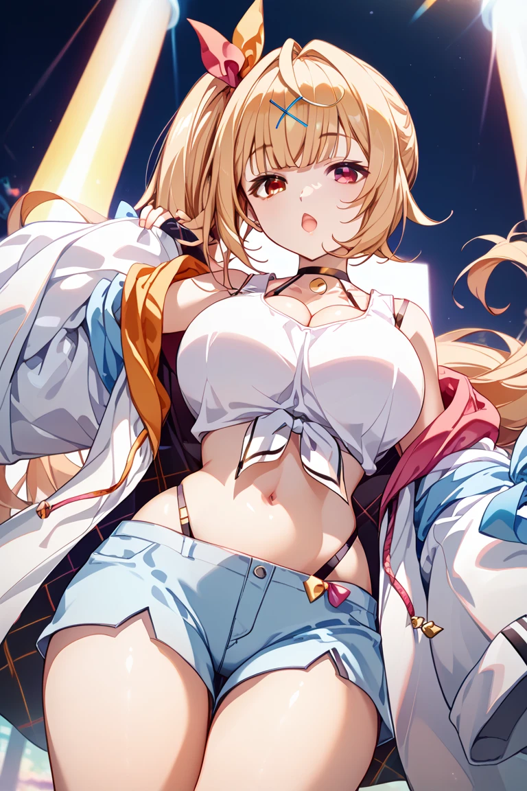 Genshin impact, ((Nilou:1.5), ((best quality, high resolution, distinct image)), (delicate illustration), 8k, 1girl, solo, extremely cute and beautiful, cowboy shot, (Crypto.com Arena background:1.3), indoor live stage, blush, breasts, wet, (orange rubber jacket:1.3), (black rubber shorts:1.3), detailed clothes, standing, spread arms in the air, from below, (large breasts:1.15), light smile, breathing, perfect anatomy, perfect proportion, seductive model posing,