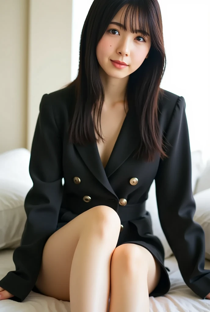 (Top resolution、distinct_image) best qualtiy、femele、beutiful breast、realisticlying、Photoquality、bedroom、bet、lying back on、Black long hair、A dark-haired、bangss、17 age、Black military uniform、army、Small buttons in gold、Black miniskirt、Angle from above、Open chest of outerwear 1:4、The chest is visible