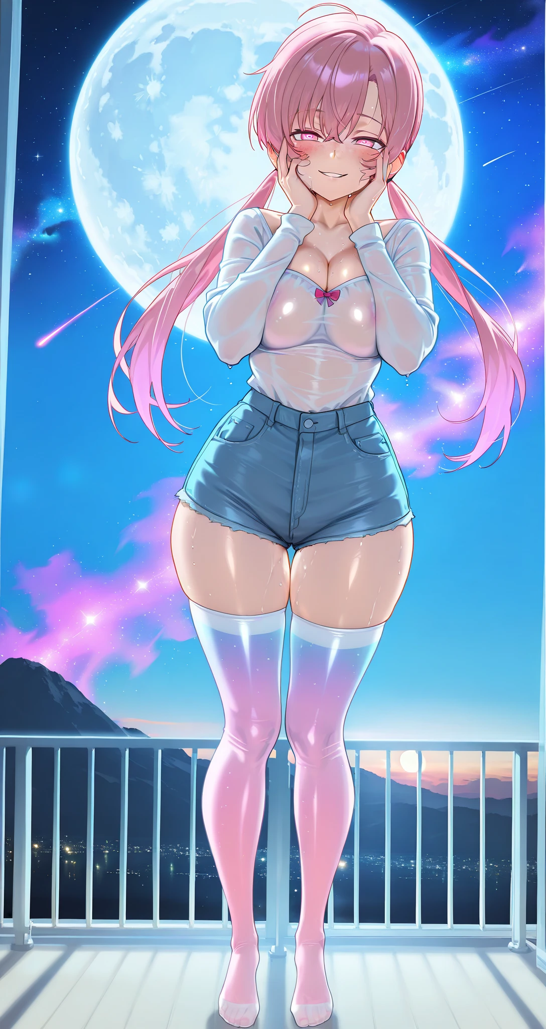 1 girl, 19 years old, Long pink hair, green eyes with slit pupils, master-piece, best quality, (white lace camisole top, blue denim mini skirt, patent leather high heel boots, cleavage),  (Big , ultra gigantic , Super super big, Glamorous body), Make eye contact with the camera, front figure, looking forward, (light_Smile:1.5), (Detailed hands and fingers:1.2)、(Cyberpunk city at night), (FULL BODYSHOT), thighs thighs thighs thighs、beauty legs、Bare legs