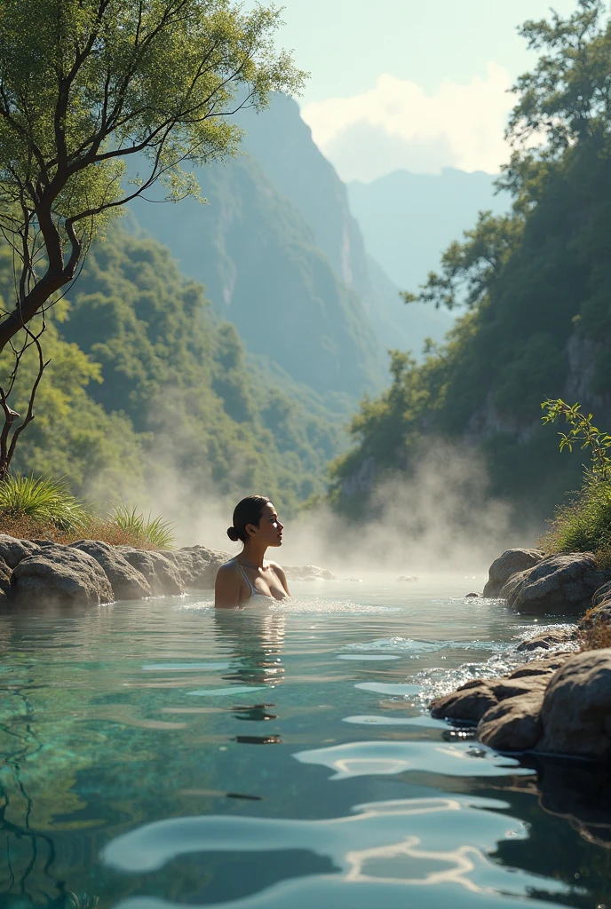 Unexplored hot springs, one woman soaking, bright mountain village scenery, blue skies, mild sunshine, excellent picture quality.