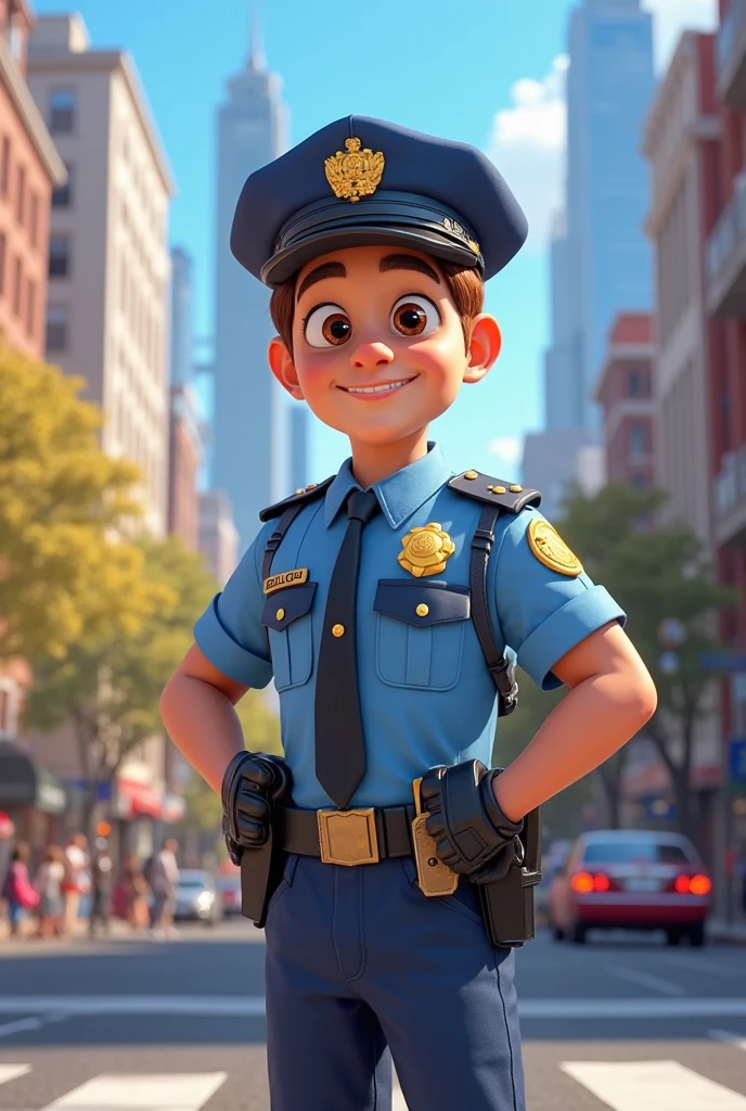 make an image of a police officer with the symbol of the 20 bpm of the Paraná military police in the Disney Pixar style