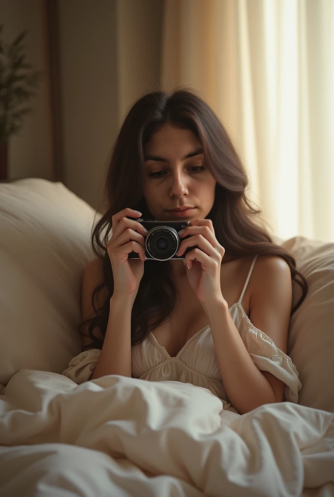 Now redo her taking a picture lying on the bed in a white top at night 