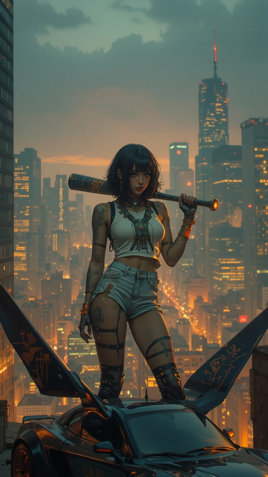 The giant girl wields a hammer and destroys the city,Girl sitting on a building,A giant woman in a bikini lying on top of a cyberpunk city, Wear short skirts,Little guys running around the giant girl,style "Attack on Titan ",The little person panicked and ran away,Many cars pass by, Standing on her hand, cgsociety 9, 2. 5 d cgi fantasy art, engine rendering unreal + a goddess, full body cgsociety, artgerm ; Hyper realistic 3d content, giant art, super detailed 3d matte paintings, super detailed 3d matte paintings, realistic fantasy art, realistic 3 d anime style. Beautiful girl. Big thighs."The boy stood on the top of a high-rise building waving to the girl". Color ultra 4k.