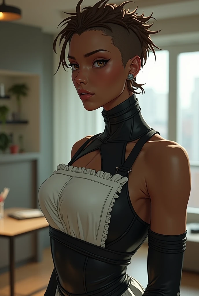 An illustrated movie poster, hand-drawn, full color, a young black girl wearing a corduroy mini-dress, toned complexion, ruby eyes, dark hair, shaggy bob, posing like a model, hard shadows, graphite shading, stencil marks, airbrushed acrylic paint, masterpiece, in the style of Rockstar Games, kiss bbc