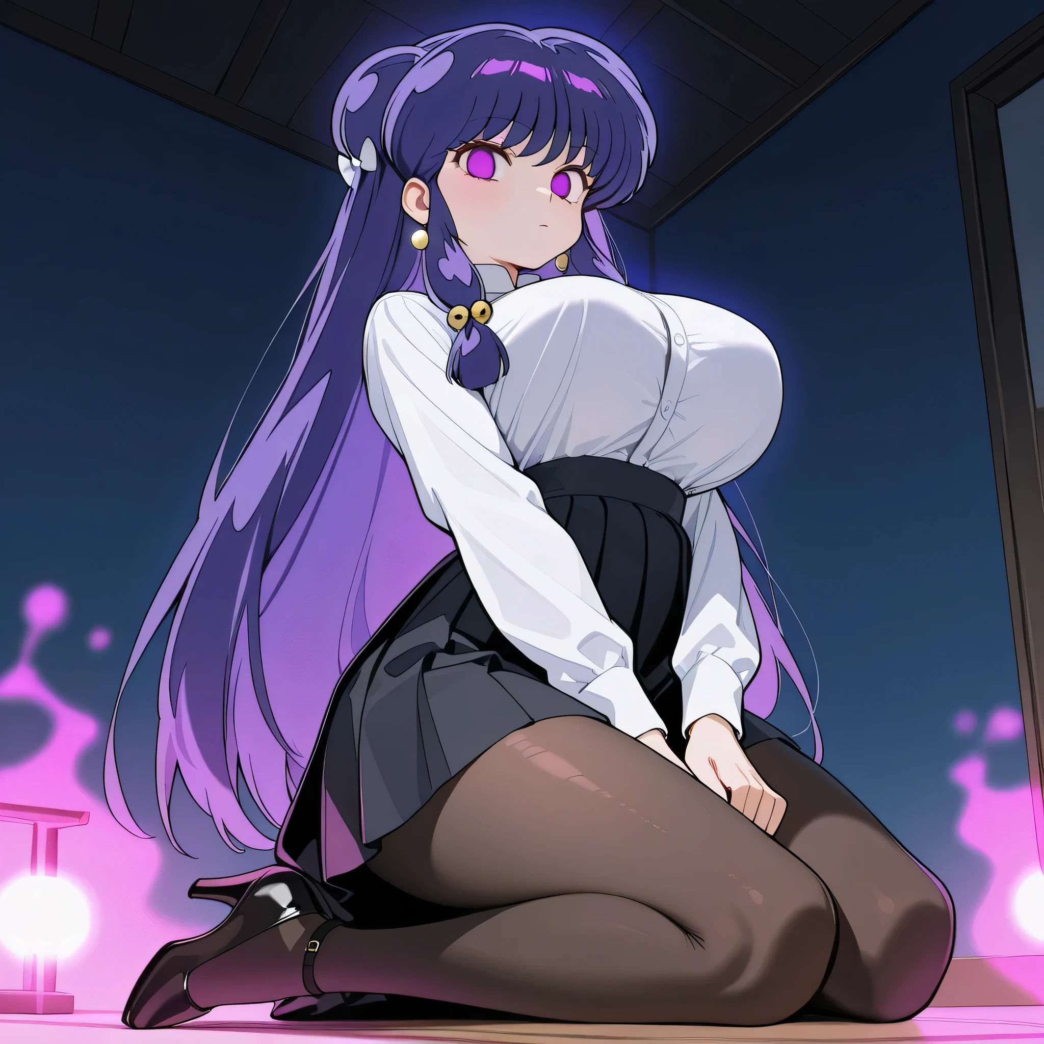 score_9, score_8_up, score_7_up, 1girl, solo, (top quality, 8k), high resolution, smooth, best quality, highly detailed, looking at viewer, bedroom at night, (dark room), ((from below)), huge breasts, glowing hypnotic waves in the background, at night, ((perfect hands)), beautiful hands, ((slim fingers)), expressionless, masterpiece, high quality, absurd resolution, beautiful hands, blush, hypnotic eyes, glowing purple eyes, empty eyes, white blouse, boob tent, taut clothing, black pleated skirt, long high waisted skirt, black pantyhose, kneeling on floor, perky breasts, high heels, being hypnotized, full body shot, v_arms, hands between legs, jewelry, earrings, overskirt, long skirt, Shampoo, ranma 1/2, purple hair, very long hair, schoolgirl cosplay, very thin legs