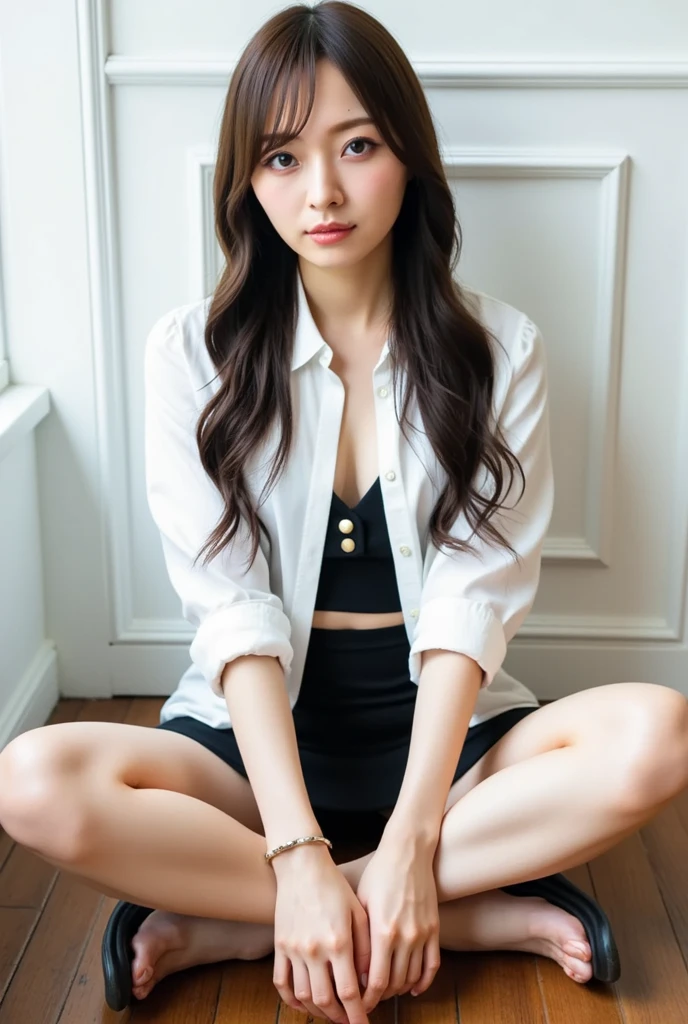 (vivid, Realistic: 1.5), (high resolution)(8K quality)(nsfw:1.2),No background: 1.0,Photograph the toes:1.2, Beautiful 17 year old Japanese girl: 1.2, Light Gray Background: 1.2, Breast augmentation: 1.3, cute: 1.2,Follow me((Pull up your skirt、Dress shirtが脱げる、Sit down to accentuate your inner thighs)):1.5, A little long hair: 1.2, Black Hair: 1.0, Hair with red mesh:1.2,Small face: 1.1, Straight hair: 1.1,Messy Hair:1.1,Pleated skirt、Dress shirt:1.2、Black pantyhose:1.1,Your cheeks are red;1.0