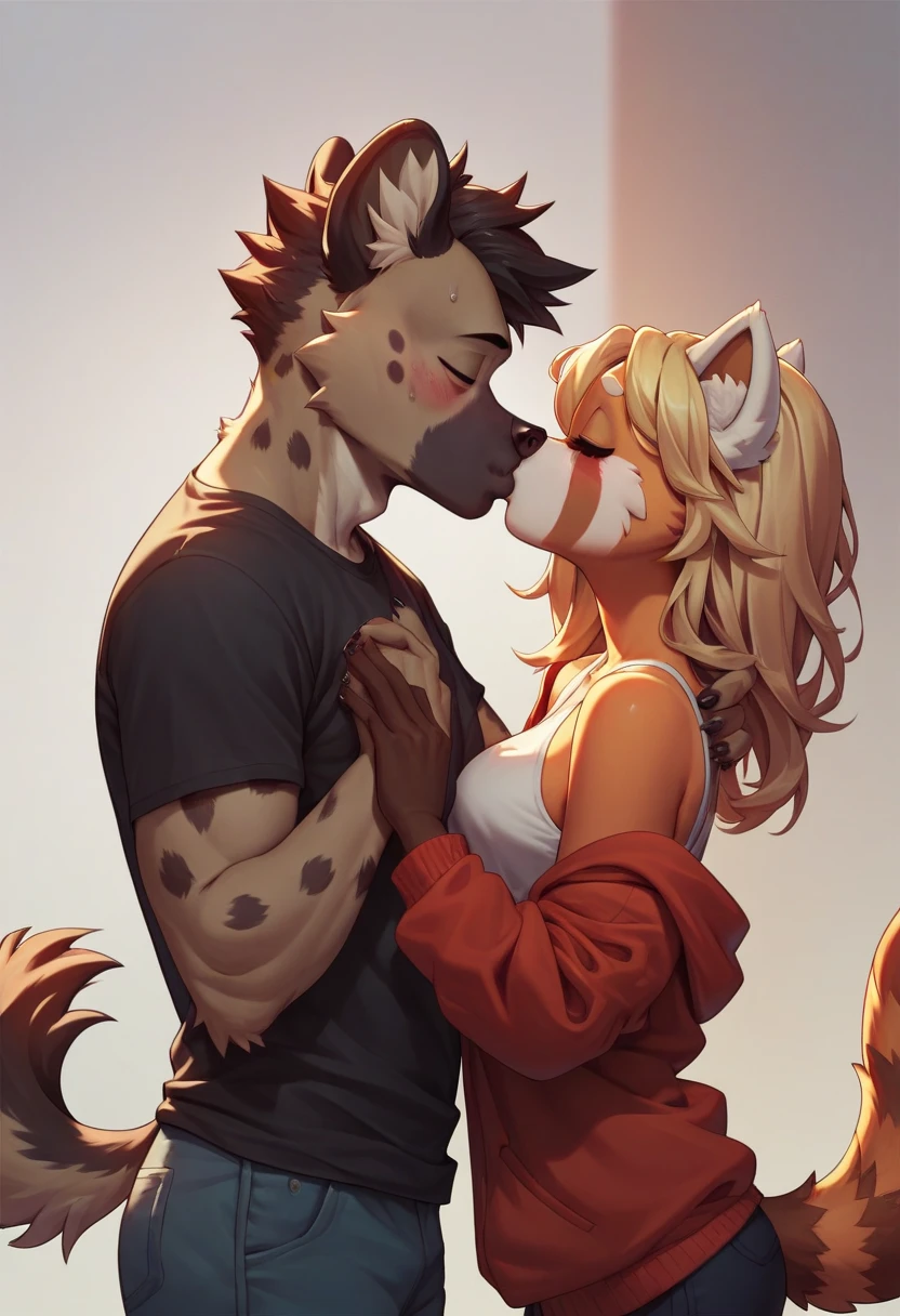 Cat boy like body builder with his love cat girl kissing each other