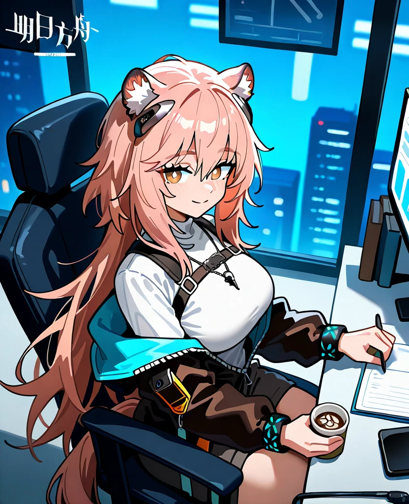 score_9, score_8_up, score_7_up, score_6_up, score_5_up, score_4_up, source_anime, tomboy girl, long hair, Bust Cup B , open-chest outfit, Guillotine Cross Set, breastplate, waist armor, Armor, red hair, red eyes, Sparkling eyes, sit, Mobile gaming mouse, office backdrop, office desk, office chair, Sharp picture, Magical light, Bright atmosphere, beautiful backdrop, simple