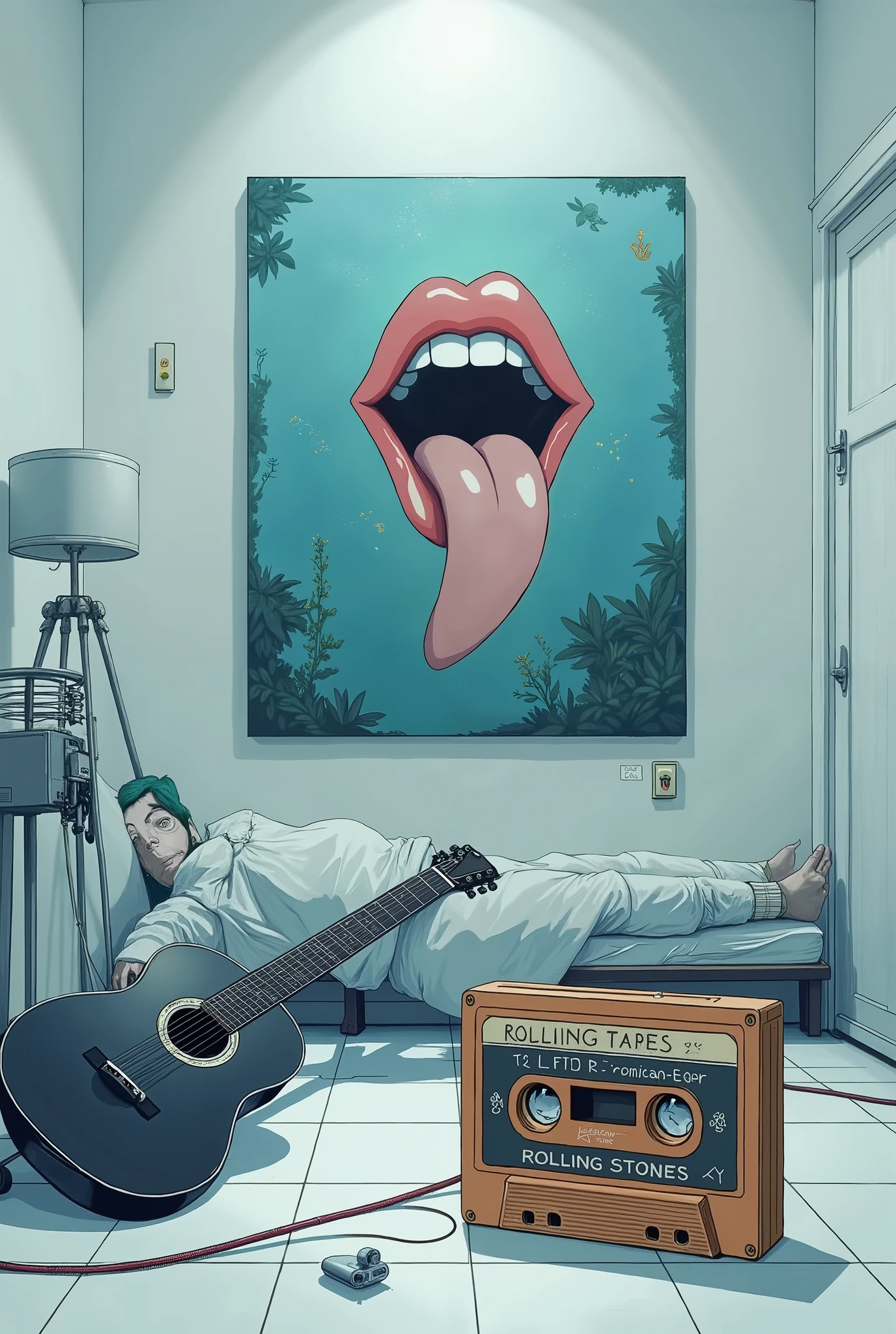 K7 audio tape, antiga, escrita "Rolling Stones", em primeiro plano! Background a painting of a mouth with its tongue out, With a guitar on the floor; With a Basket Case; clean room background and tranquil colors, white and blue -Tranquility and peace