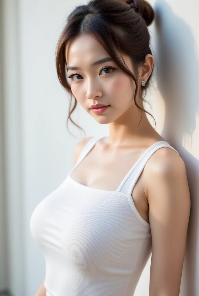 "Specifications: 8K Resolution, Optimal Quality: 1.2, Realistic Style, Enhanced Photorealism: 1.37, Crystal Clear Ultra High Definition, ((full shot)), Subject: a beautiful woman, 1girl, solo, 30 years old, busty, (((extra large tank top, baggy tank top, white tank top, Photographed from a side angle, My chest is visible through the gap in the armpit.))), big and full breasts, (huge breasts: 1.4), no_bra, covered_nipples, exposed cleavage, (perfect body), (black hair), (long hairstyle), seductive pose, looking towards the viewer, Realistic proportions, Good anatomy, (best detailed skins, skin texture:1.1), Wet Hair, Enchanting Smile, Graceful Closed Mouth, Exquisite Detailing, Lovely Nose, Complete Full Body, Glistening Wet Hair, Colossal Breasts, Pork short pants, Cinematic light, ((full shot))."