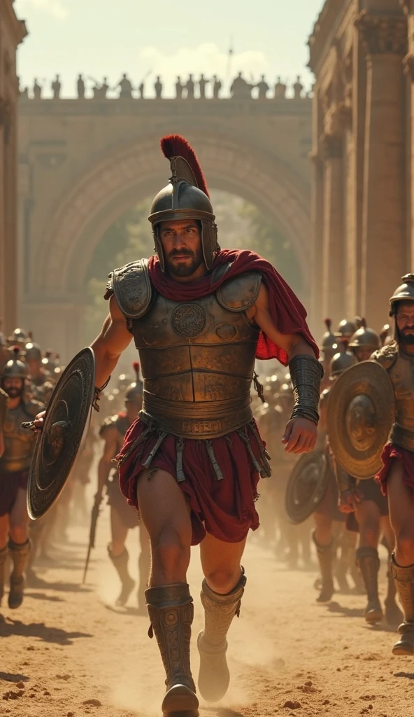 A handsome beautiful slim white skin shirtless man in a roman horse racing chariot in the desert