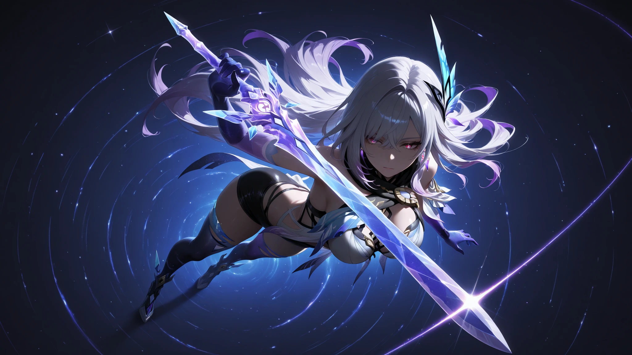 Colorful, 1 girl, White hair, Purple eyes, sexual, double hilt, Sword, hand sword, blue flames, Glitter, shiny weapon, light Particle, Wallpaper, chromatic abberation,