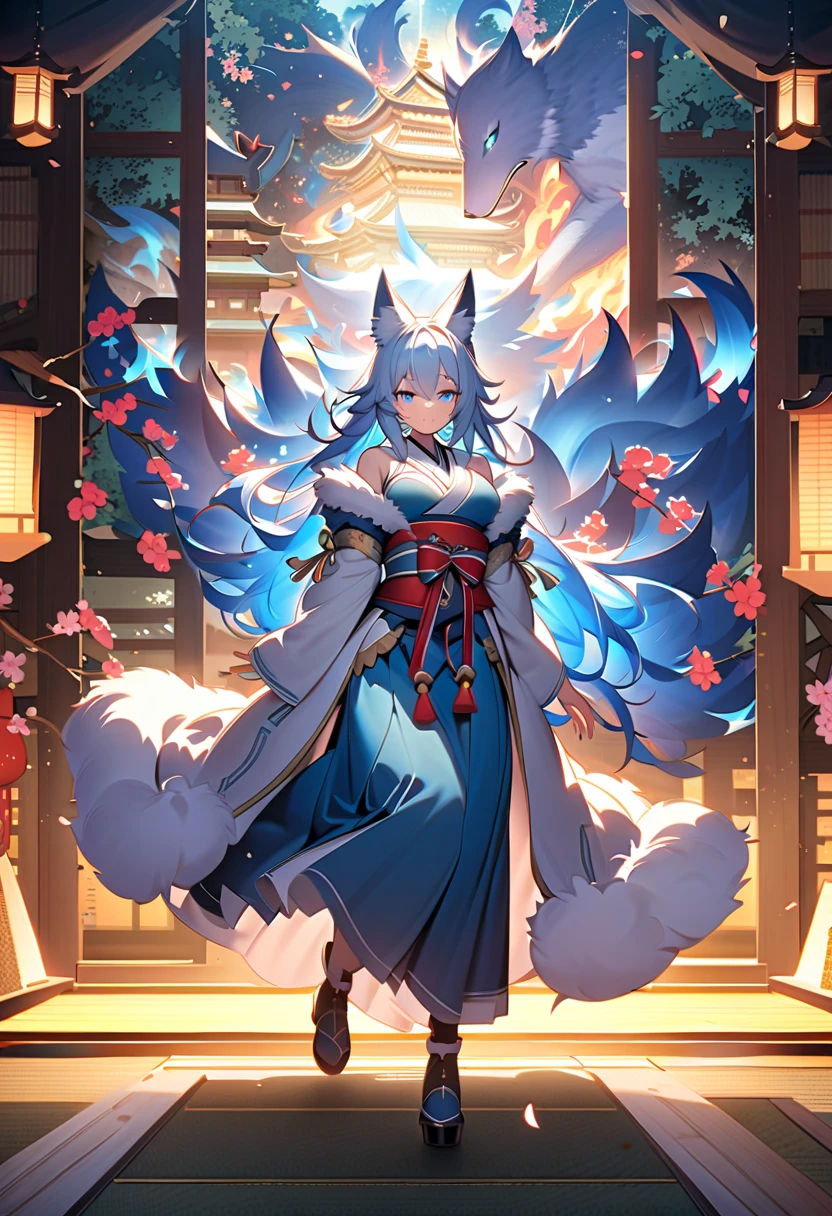 Full body, solo, 20-year-old , D cup breasts, 9-tailed fox, white fox ears with black tips, huge fluffy tail, long wavy hair (white hair) , beautiful eyes detailed (blue eyes), wearing Japanese style clothing, outside of a shrine, cherry blossom falling,
