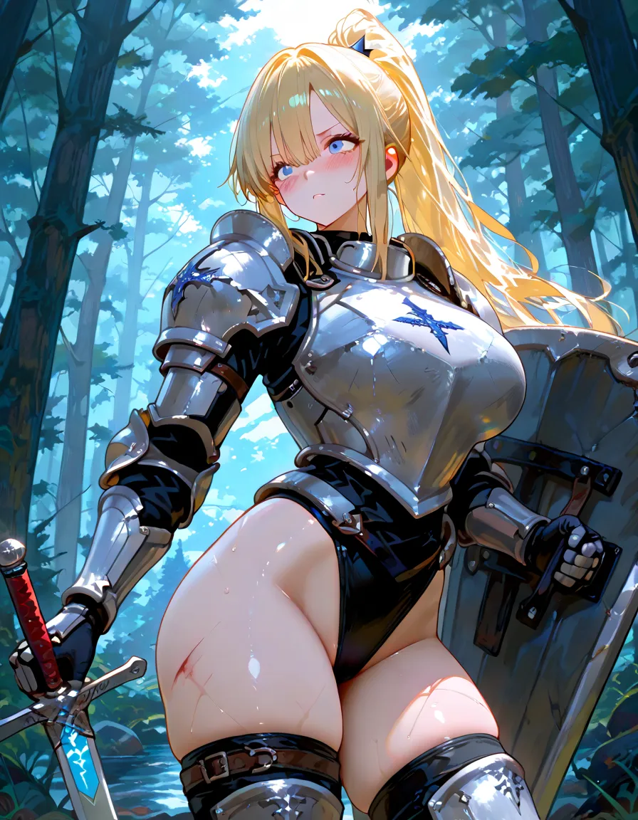 Ultra-high definition image quality、beautiful girl、Female Swordsman、Light armor、Greeboots、Long Hair、blonde、20-year-old、intimidating face、Very short tight skirt、Cowgirl、wilderness、Highest quality,Big Ass、Big Breasts、Thighs、Holy Sword Excalibur、Black panties、Jump by kicking off with your feet