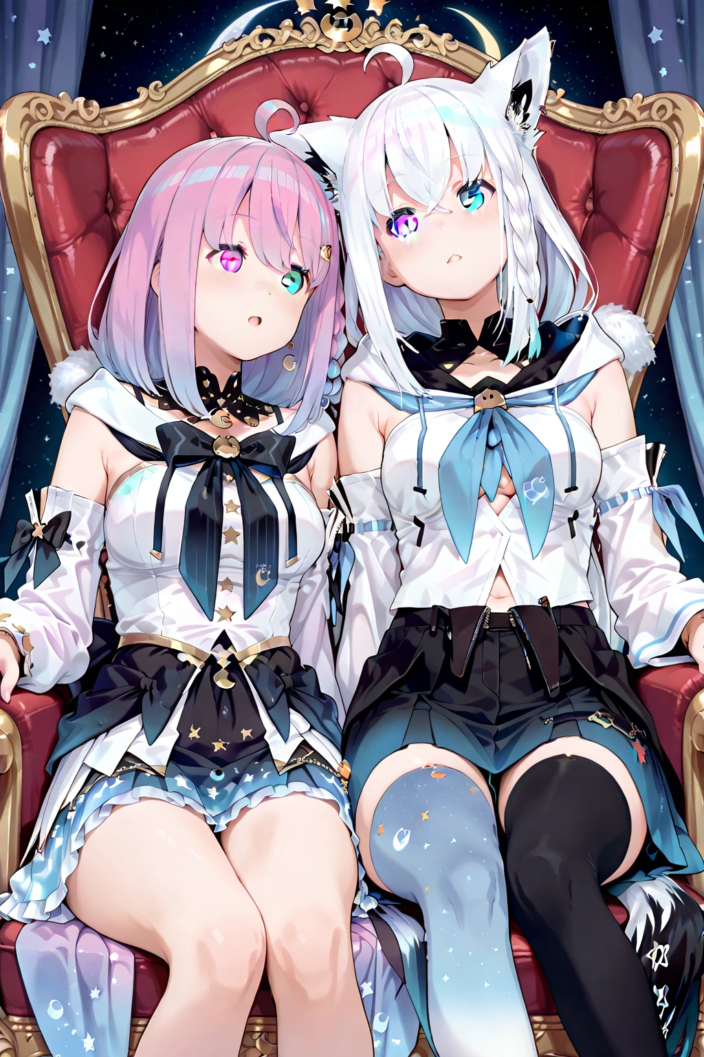 masterpiece, Best Quality, great quality, Super Fine,Sitting on the throne「Himemori Luna」and「Shirakami Fubuki」, two women leaping out ,cute,Two women sitting side by side