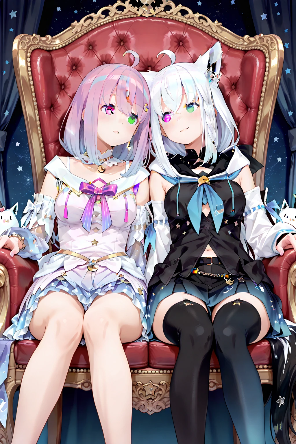 masterpiece, Best Quality, great quality, Super Fine,Sitting on the throne「Himemori Luna」and「Shirakami Fubuki」, two women leaping out ,cute,Two women sitting side by side