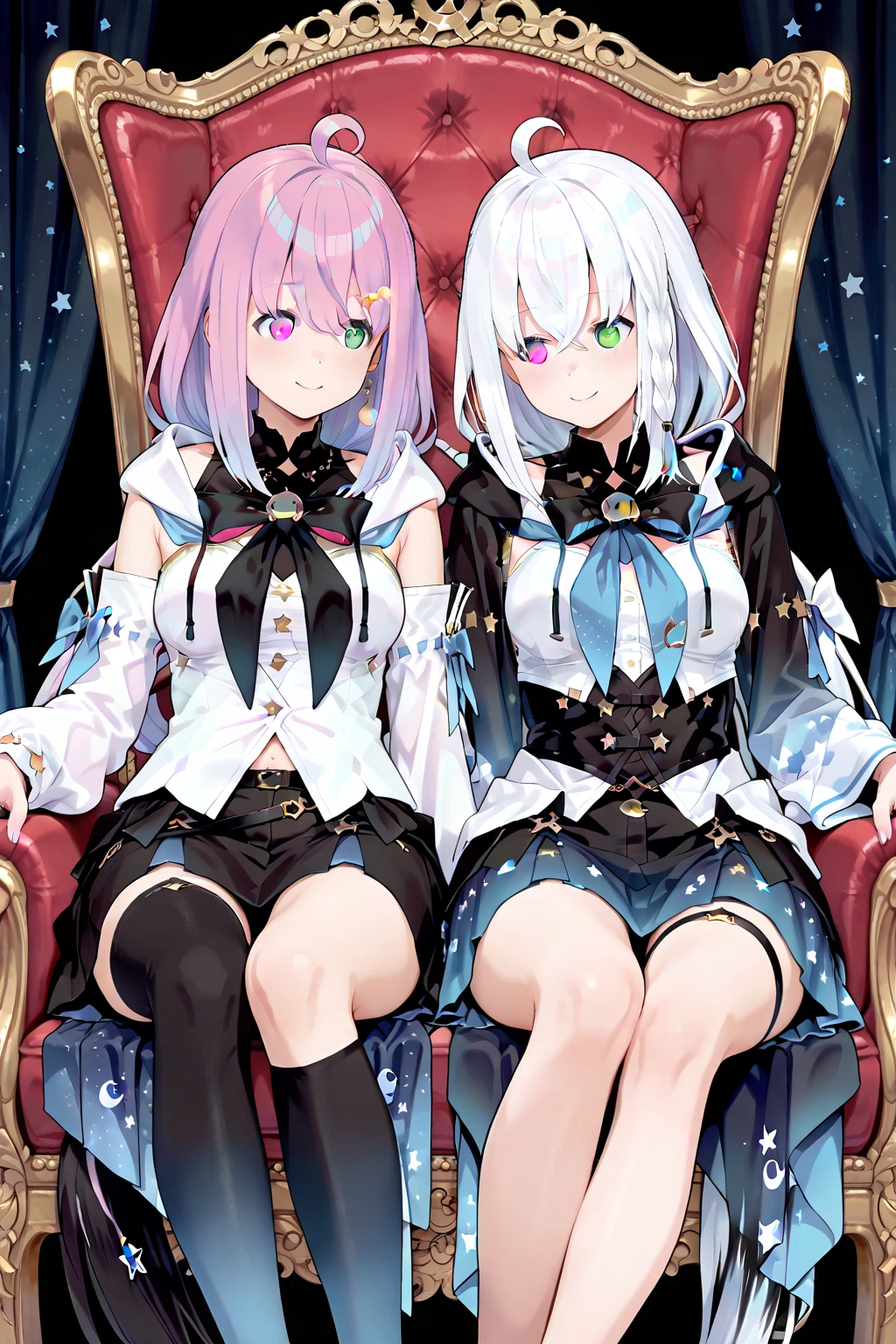 masterpiece, Best Quality, great quality, Super Fine,Sitting on the throne「Himemori Luna」and「Shirakami Fubuki」, two women leaping out ,cute,Two women sitting side by side