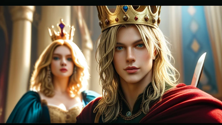 score_9, score_8_up, score_7_up, source_photo, photography, realistic, rating safe, dynamic angle, cinematic angle, ultra detailed, detailed eyes, absurdity, 1girl, elder queen, sitting on boy, crown, holding scepter, hands, looking at viewer, (oversized body), large breasts, long hair, blonde hair, wavy hair, multiple boys, they are lying, masterpiece, 8k,