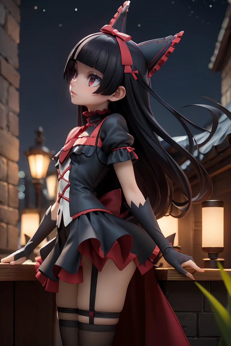 Ultra-realistic 8k CG, masterpiece, best quality, (photorealistic:1.4), absurdres, extremely detailed, real hair, a demon-girl smiling, red lipstick, red smokey eyes make up, showing fang, black hair, teen dress, (white stockings), black (mary jane Lolita pumps), tail, black wings, devil horns, looking at viewer, reflective, crawling toward viewer, night castle, night sky, life-like, horror scene, dark setting,