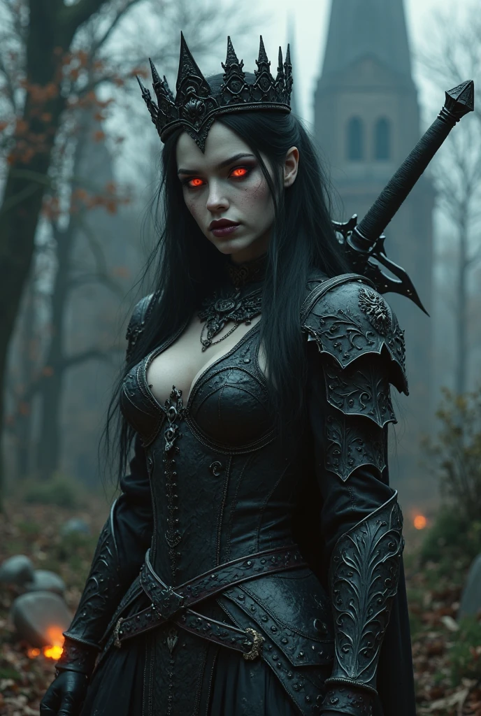 Mechanical demon woman、Detailed robot arm、Detailed robot legs、Detailed mechanical body、detailed gear、Fangs like wolves、Bull-like horns、Large bat-like wings、Devil's Tail、Beautiful glowing red eyes、black sheer dress、Beautifully detailed face、Ideal body type、Big Breasts、Narrow waist、In the background there is a gothic castle surrounded by forest at night、Cowboy Shot、