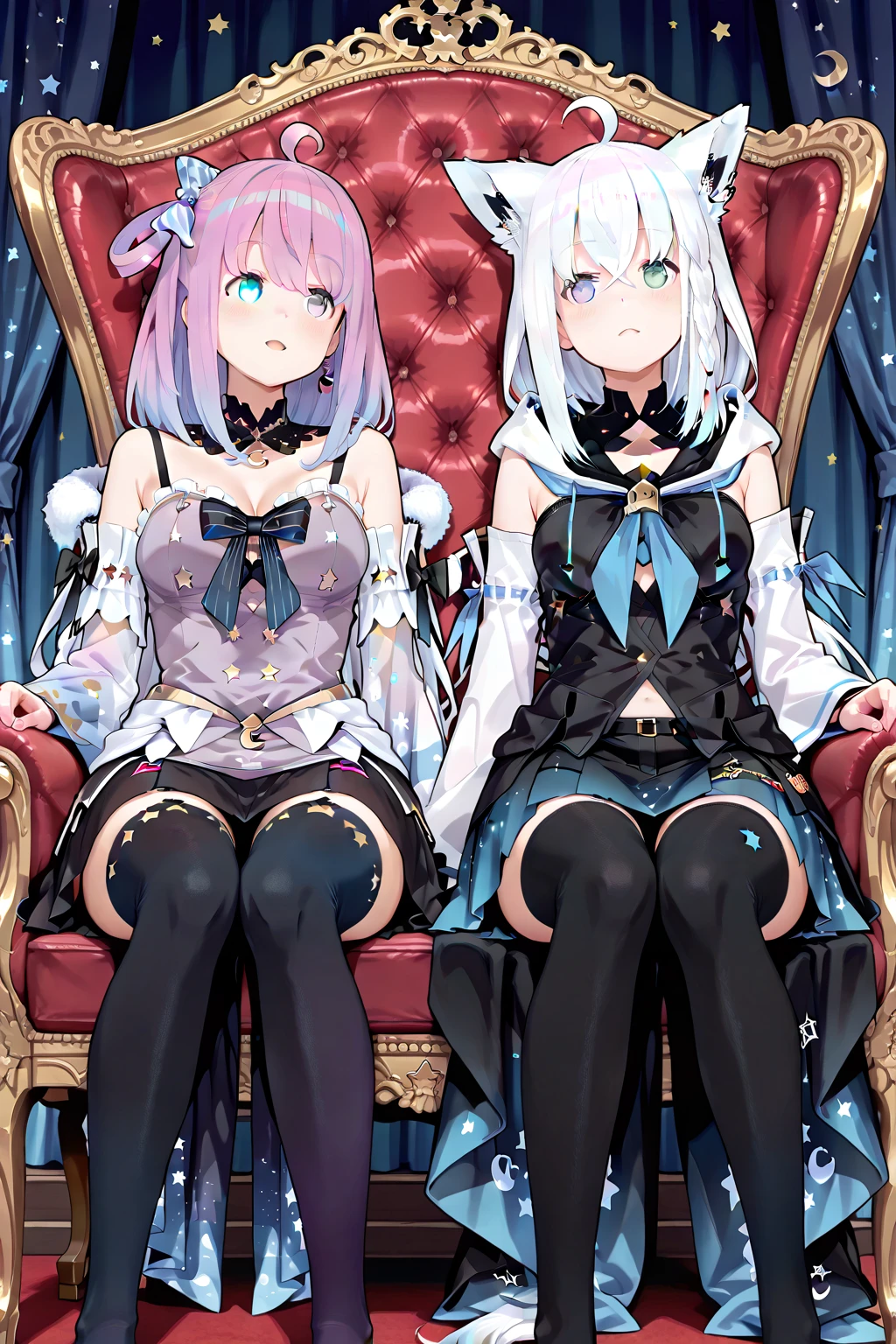 masterpiece, Best Quality, great quality, Super Fine,Sitting on the throne「Himemori Luna」and「Shirakami Fubuki」, two women leaping out ,cute,Two women sitting side by side