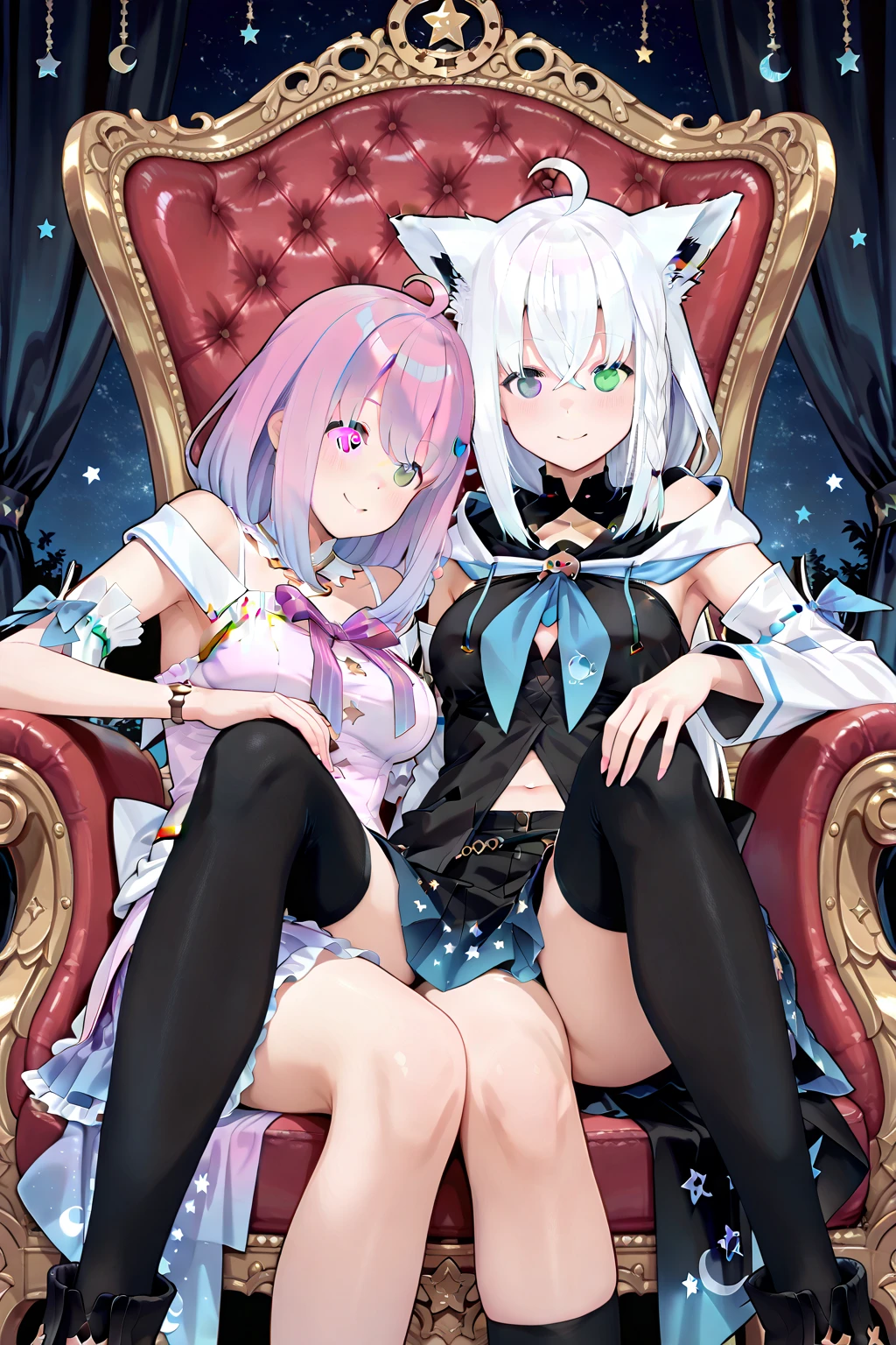 masterpiece, Best Quality, great quality, Super Fine,Sitting on the throne「Himemori Luna」and「Shirakami Fubuki」, two women leaping out ,cute,Two women sitting side by side