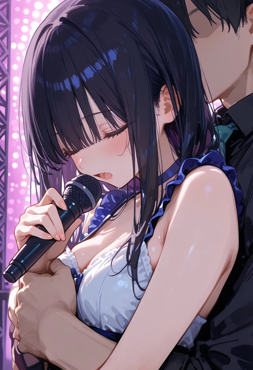 1boy,1woman,mature woman licking penis,handjob,woman,black hair,woman focus,sweaty,bukkake on face,formal blouse,at nightclub,cum,detailed skin,bangs up hair,sucking,short wavy hair,eyelash,earring,penis in mouth,rolling up eyes,