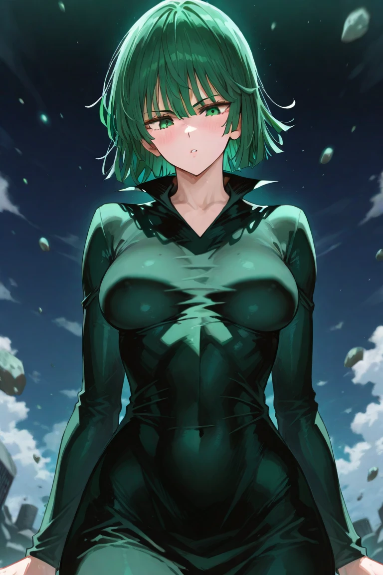 fubuki,1girl in, Girl with emerald green colored hair and detailed teal dress uniform, rainbow colored cosmic nebula background, Stars, intergalactic, Intricate details, Perfect face, Dark green hair, Long hair, Green eyes, Anime beautiful girl wearing a red uniform, a miniskirt, Absolute area, A slight smil, Perfect Anatomy, Perfect face:1.1), ((爆乳!!!!!!)),(huge-breasted!!!!), (Full body shot), Looking at Viewer, Ultra-high definition, (1girl in:1.4), Extremely detailed illustration, Smooth, Very perfect pixel, Seductive,venusbody,