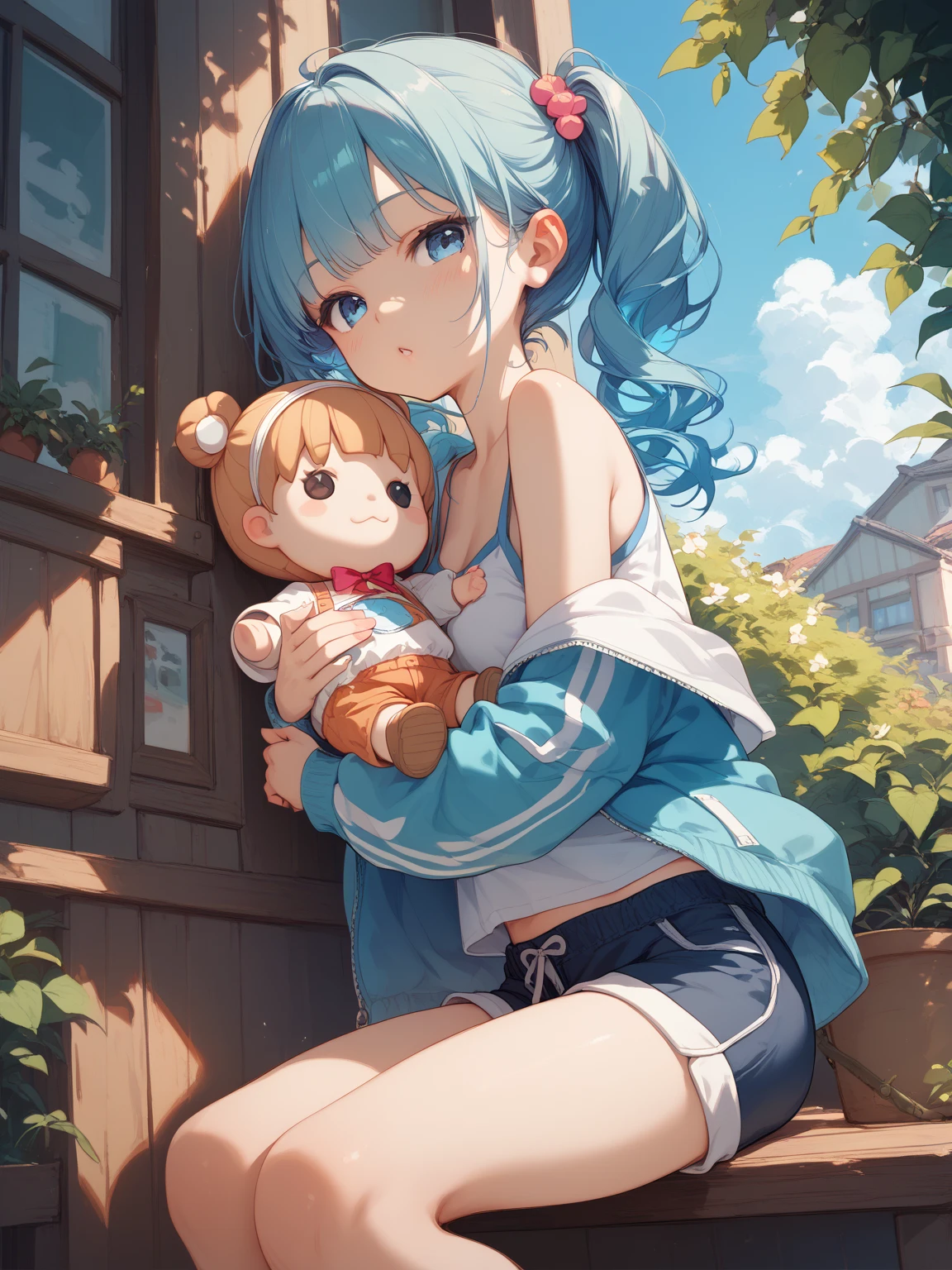 Anime girl sitting on the ground with a teddy bear, Anime Moe Art Style, A dark brown bandage on his leg2t、Light blue long hair wearing a hoodie、Twin-tailed Girl, Cute Anime Girl, Anime girl crouching, Cute girl anime visuals, High quality anime art style, Young Anime Girl