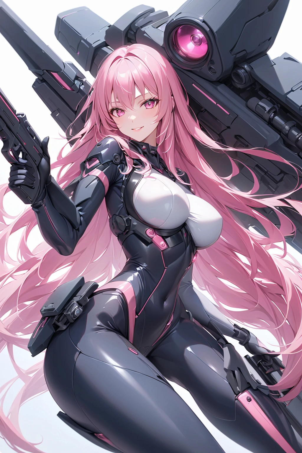 Masterpiece, top quality, best quality, official art, beautiful and aesthetic, anime, 1girl, Zero Two, extremely detailed, colorful, more detailed ((ultra-detailed)), (highly detailed CG illustration), solo, pink hair, pair of horns, verd s eyes, long hair, (focus on character), pilot outfit, red bodysuit with white details, science fiction, blood
