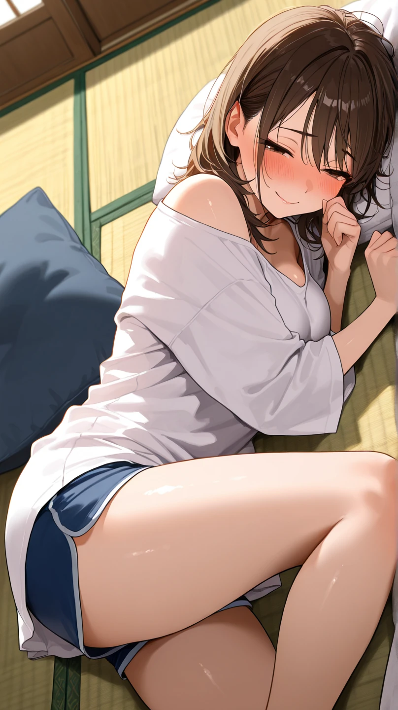 score_9_up, score_8_up, score_7_up, source_anime, dirty anime style, dirty, japanese girl, brown hair, short hair, bob cut, straight blunt bangs, blue eyes, big breasts, thick thighs, steaming body, cute patterned pajama shirt and pants, round glasses, on stomach, sleeping, closed eyes, hands under head, ass focus, indoors, in bed, best quality, high quality