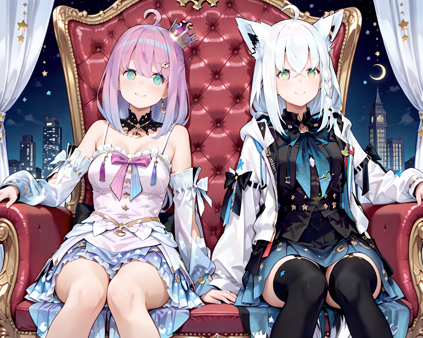 masterpiece, Best Quality, great quality, Super Fine,Sitting on the throne「Himemori Luna」and「Shirakami Fubuki」, two women leaping out ,cute,Two women sitting side by side