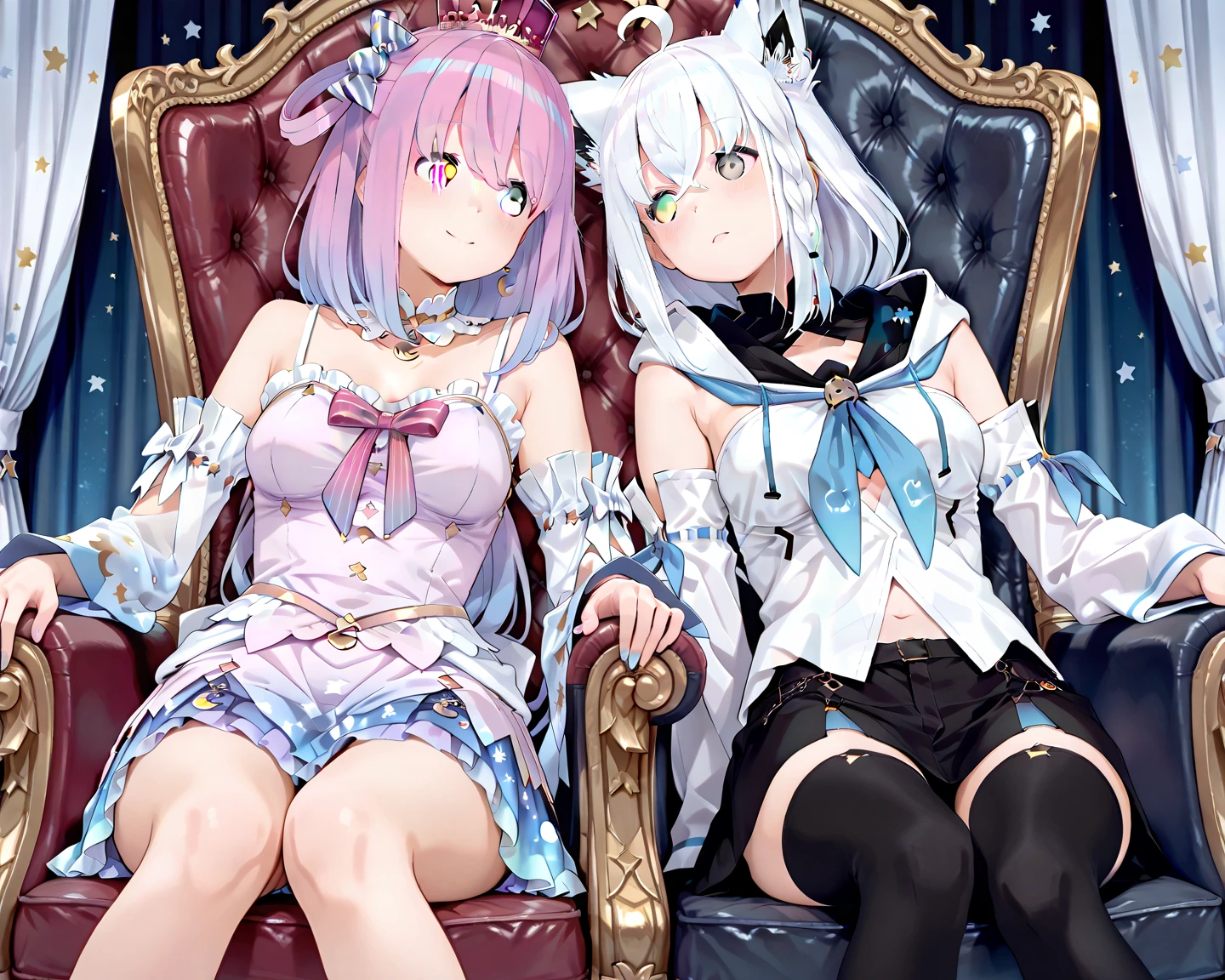 masterpiece, Best Quality, great quality, Super Fine,Sitting on the throne「Himemori Luna」and「Shirakami Fubuki」, two women leaping out ,cute,Two women sitting side by side
