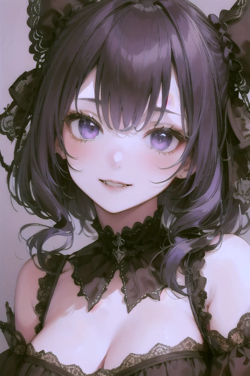 Highest quality,Highest Resolution,Sexy black gothic lolita opens her mouth and drools while shedding tears,Bedroom,Big purple eyes,