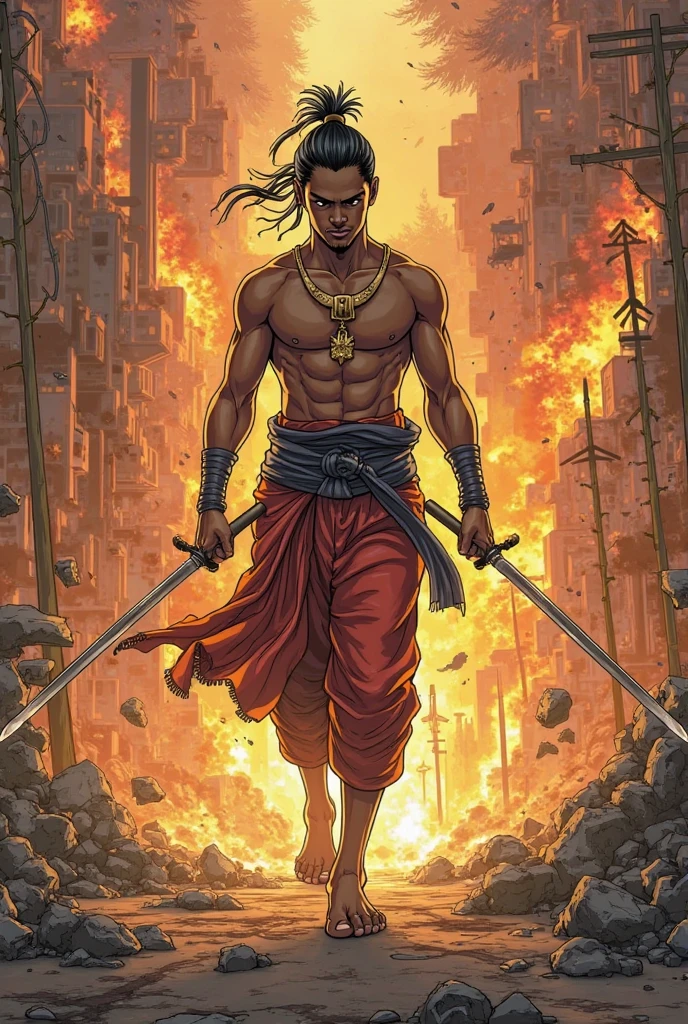 A cell phone wallpaper format ink painting of an Inca karateka painted in a white karate uniform and black belt, Inca earrings, Long hair, man, gold ear cuffs, muscular, standing on a rock, combat position, barefoot, and in the background a silhouette of a painting in red, black, white, lead and pale green colors of Machu Picchu with flashes and paint stains of four colors red, negro, white and gold