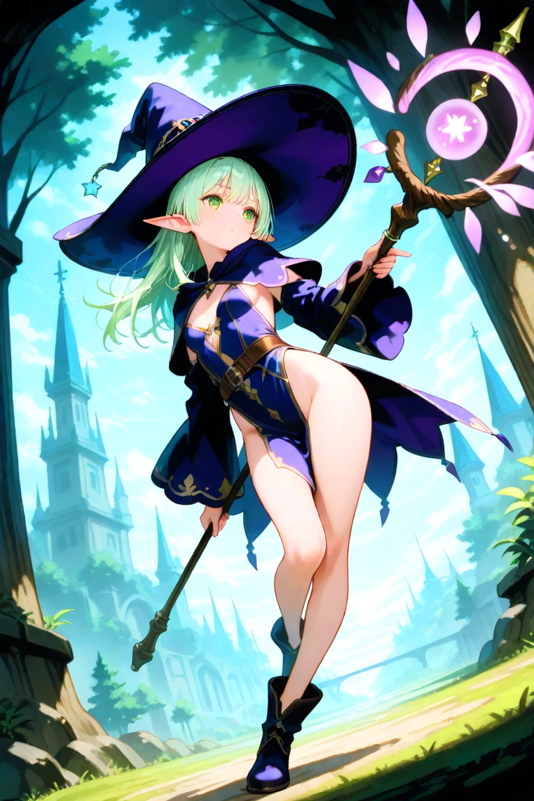 nsfw, masterpiece, 1 girl, erect nipples, intricately detailed, topless, navel, black skirt, bare shoulders, necklace, night, witch hat, erect nipples, puffy nipples, extremely detailed, photorealistic, octane render, 8 k, unreal engine, bare breasts, nipples, bare stomach, sweaty, moist breath, small breasts smiling, collarbone, wet body, saliva, drooling, pink hair, encore, green eyes, holding wizard staff, embarrassed, forest, trees, grass field, long skirt, waist pouch, sarong, jeweled staff, elbow gloves, long hair, hoop earring