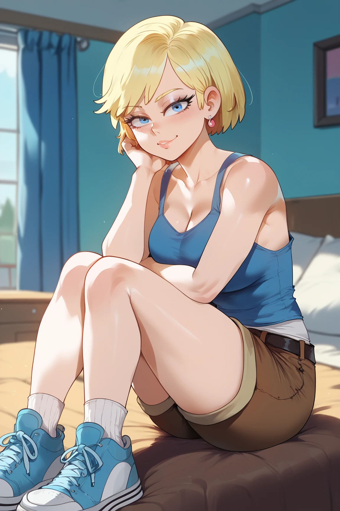 Make an image of a blue-eyed blonde with curly hair like angels in black leggings and barefoot