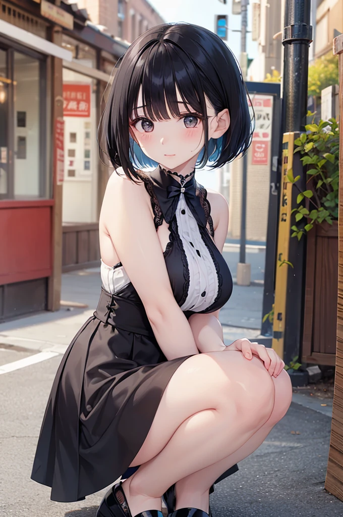 a 20 yo woman、Black blue Hair、Bery short hair、Big smile、(hi-top fade:1.3)、dark themed、Muted Tones、Subdued Color、highly contrast、(natural skin textures、Hyper-Realism、Soft light、sharp)、masutepiece, Best Quality, hight resolution, KR1, Brown eyes, Blunt bangs, kibito high school uniform, Skirt, Sweaters, Pleated skirt, sox, Small breasts, Leaning forward, put hands on the hip, cleavage of the breast、Clothes that expose the chest、(hi-top fade:1.3)、Tattoo on the chest、
