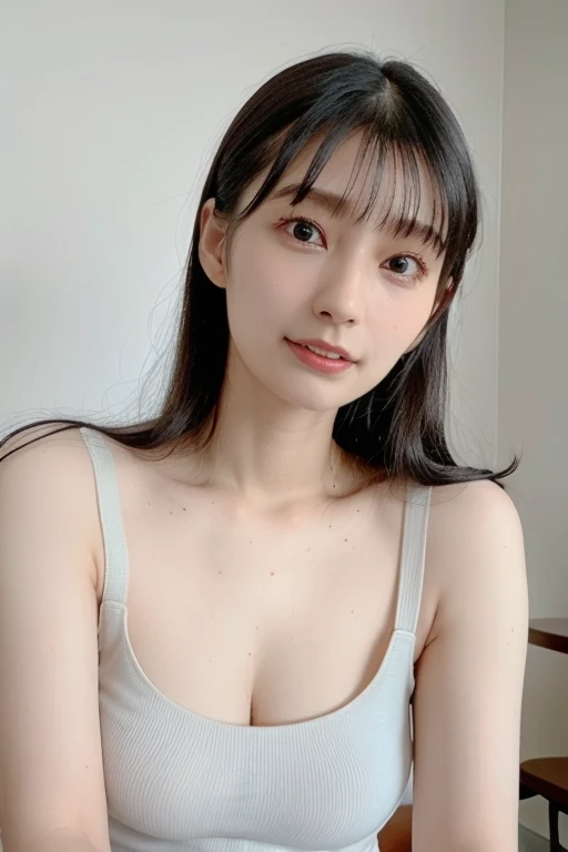 1 japanese girl,(white sweater:1.4),(wear sleeveless), (Raw photo, Best Quality), (Realistic, Photorealsitic:1.4), masterpiece,  ((Big breasts that are about to burst :1)), (Slender body shape, perfect body :1.2), extremely delicate and beautiful, Extremely detailed, 8k wallpaper, amazing, finely detail, extremely detailed CG Unity, hight resolution, Soft light, Beautiful detailed 17 year old girl, extremely detailed eye and face, beautiful detailed nose, Beautiful detailed eyes, Smiling, (hair messy, asymmetrical bangs, light brown hair,),
