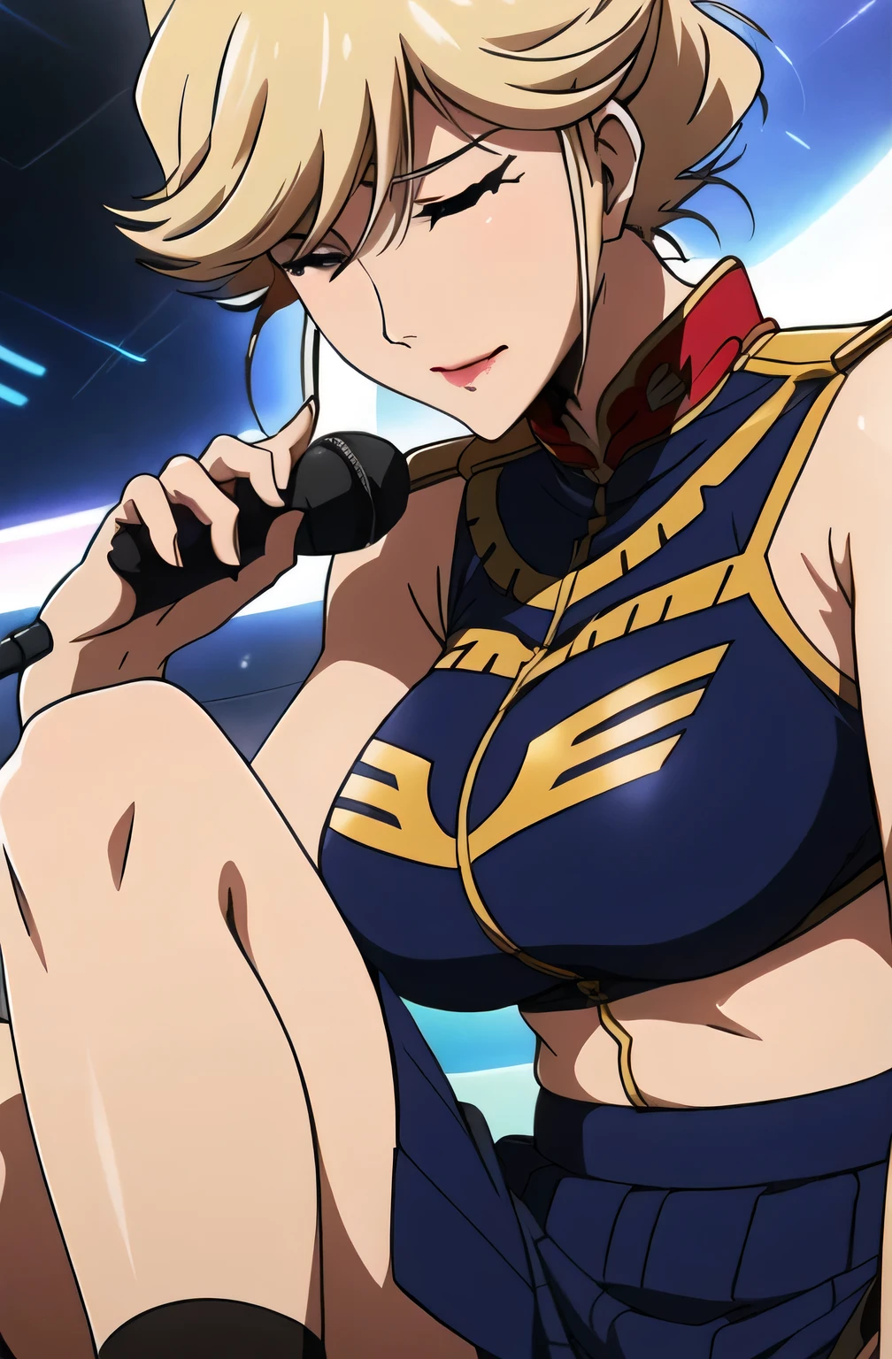 can I pull down the hair that has been gathered up and draw on long, wavy hair,Wonderful smile,(I need a face so much),navy blue pleated mini skirt,笑face,Can you draw a dress with a gold border in dark blue, gold,long hair,Draw a person singing in front of a microphone,Please calculate and draw so that the face fits,even if you go out of your way to draw it, it's a pity that you have to discard it if the work doesn't have a face, swallow, ,face,, , sleeveless, ,face is necessary for the work, so please don't trim it,It's a great enough work just to Draw a person singing in front of a microphone,Her 5 fingers,, A 40-year-old woman with mature charm,Big Breasts , see-through knee-high socks , , blue panties, my whole body ,Big Breasts, beautiful fingers, Beautiful long legged, beautiful body, Beautiful Nose,
Official Art , Highly detailed CG 、 unified 8k wallpaper , Full light,Well deep, bright _Front _face_illumination, white skin,
(masterpiece:1.0),(Highest_quality:1.0),