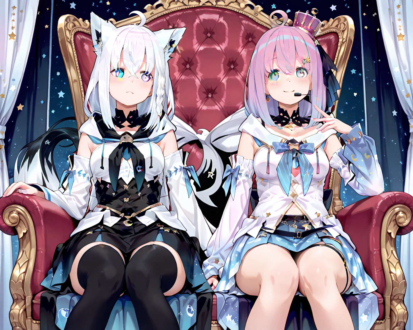 masterpiece, Best Quality, great quality, Super Fine,Sitting on the throne「Himemori Luna」and「Shirakami Fubuki」, two women leaping out ,cute,Two women sitting side by side