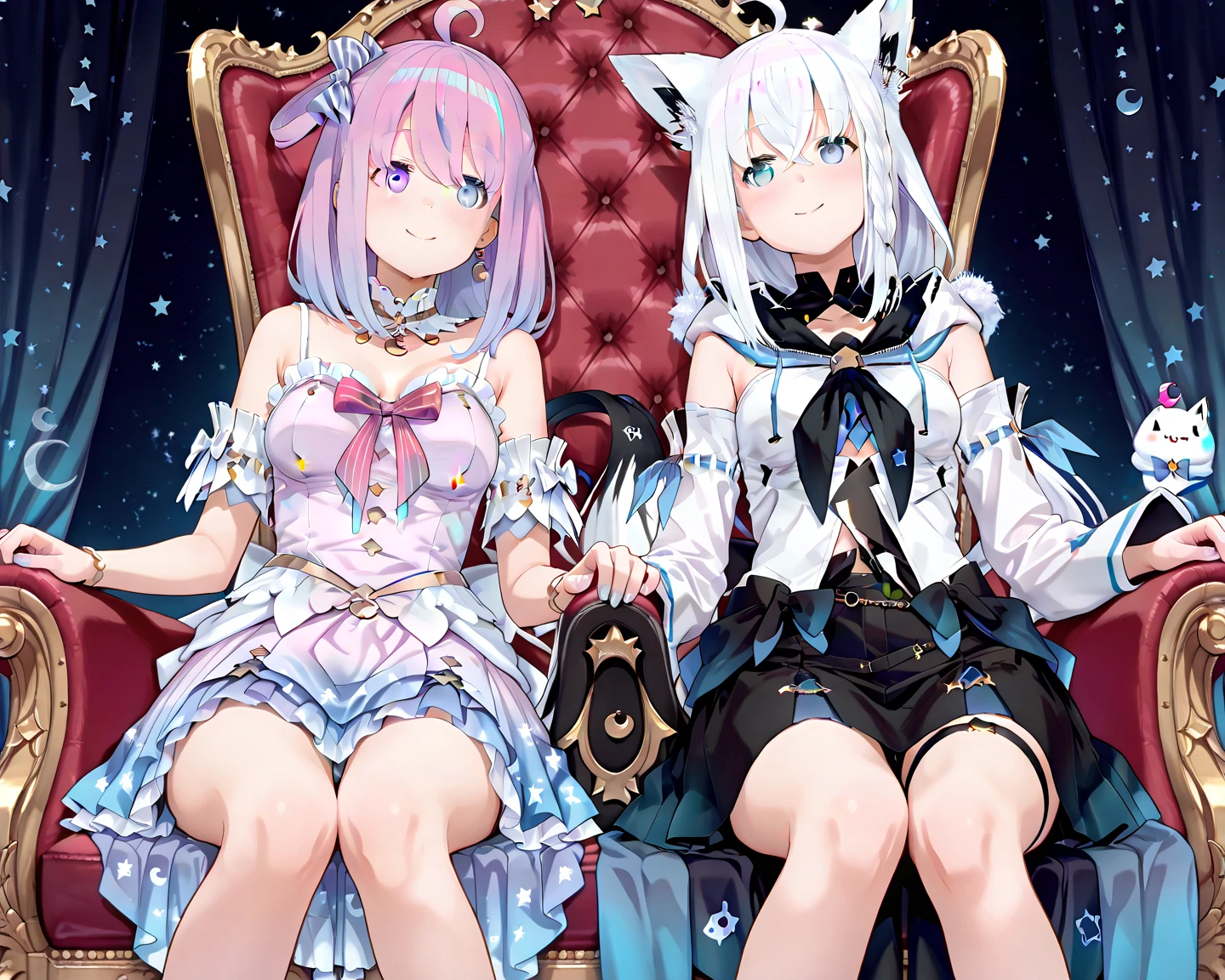 masterpiece, Best Quality, great quality, Super Fine,Sitting on the throne「Himemori Luna」and「Shirakami Fubuki」, two women leaping out ,cute,Two women sitting side by side