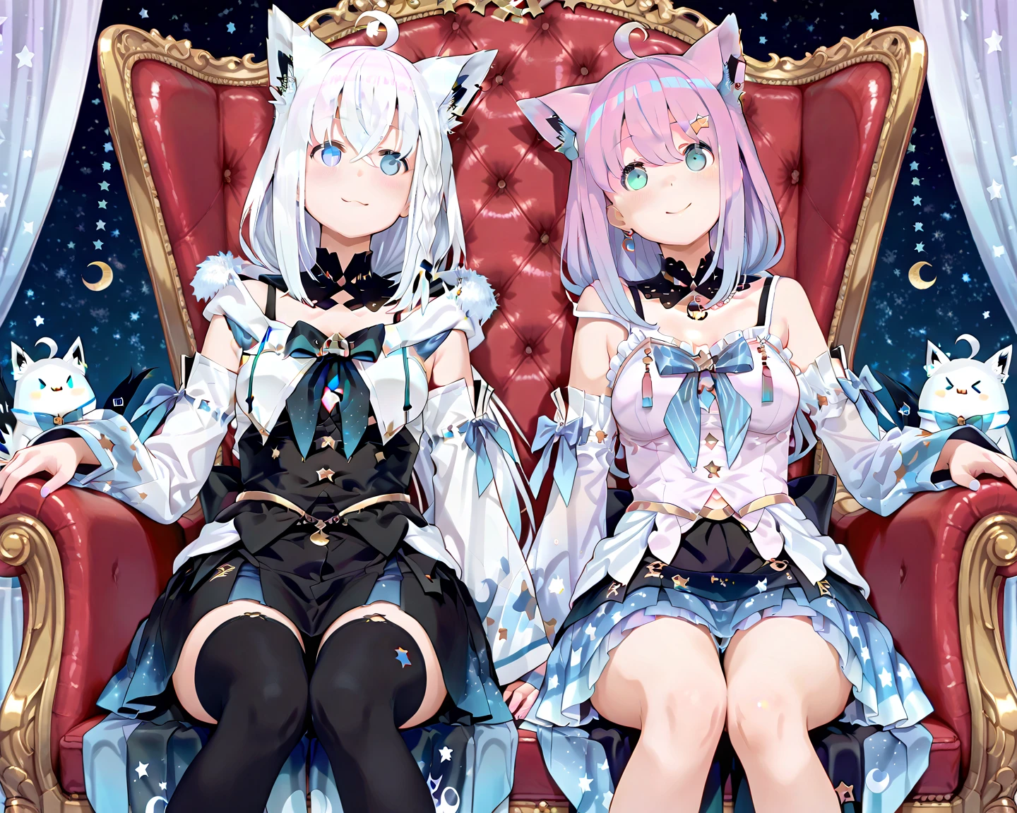 masterpiece, Best Quality, great quality, Super Fine,Sitting on the throne「Himemori Luna」and「Shirakami Fubuki」, two women leaping out ,cute,Two women sitting side by side