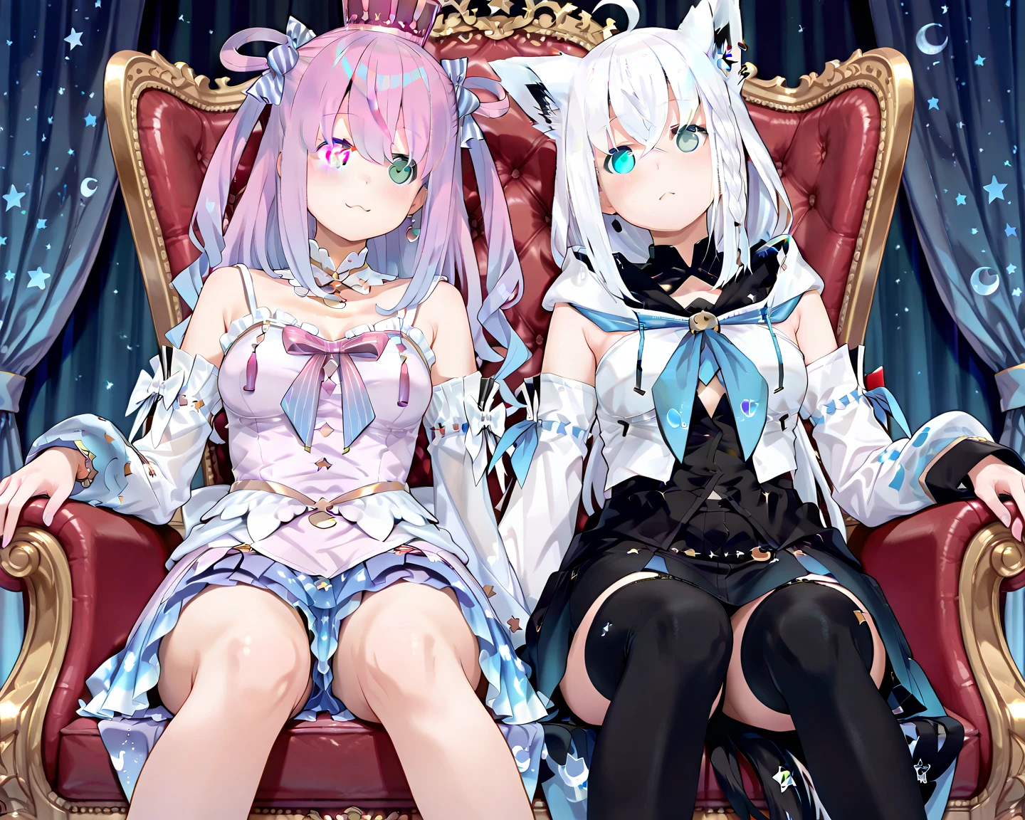 masterpiece, Best Quality, great quality, Super Fine,Sitting on the throne「Himemori Luna」and「Shirakami Fubuki」, two women leaping out ,cute,Two women sitting side by side