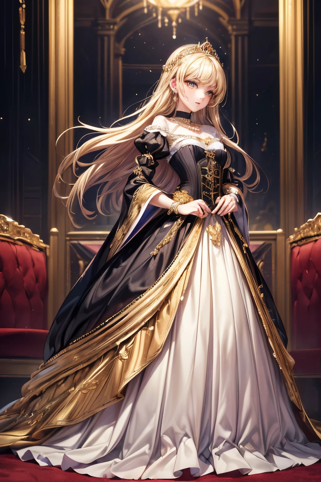 ((anime artstyle)),(Masterpiece),(Best Quality), (Super Detail),((Very Delicate and Beautiful)),((Solo)),((full body)),((1 princess in gorgeousfull victorian dress)),many ruffles,detailed face and eyes,jewel-like eyes,((voluminous Very Long Straight Hair)),((gorgeousfull embroidery and lace)),gorgeous corsage,See-through,gorgeousfull hair ornament,gorgeousfull glitter jeweled tiara,ornate ruffles,((gigantic breasts,Long breasts)),skindentation,((full body)),((hoop skirt,crinoline)),standing pose,Dynamic Angle,Looking at viewer,royal victorian palace,(((gorgeous embroidery gorgeousfull victorian dress)),full body