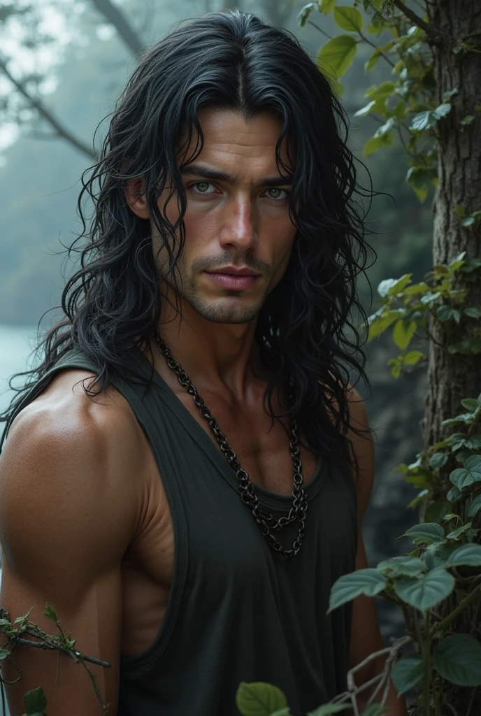 man who is 21 years, white norwegian male, masculine features, the most beautiful man, long jet black hair, hunting amber eyes, greek god beauty, ethereal beauty,hunter eyes, hot body, sexy, passionate, hollow cheeks, harmonious face, ethereal beauty 