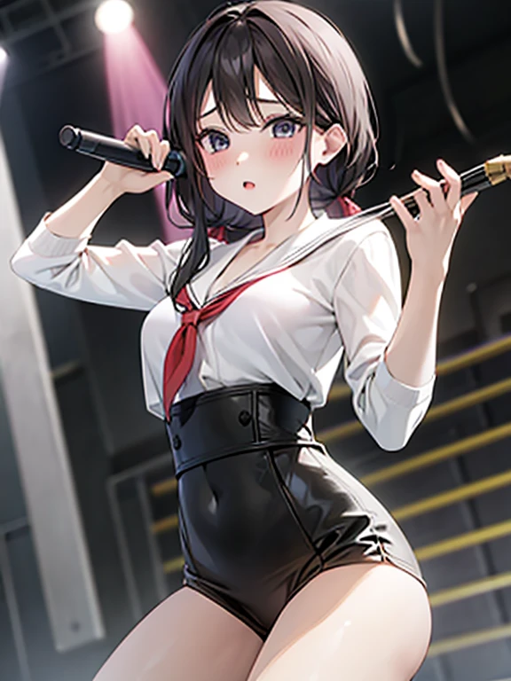 masterpiece、最high quality、High resolution、high quality、Wavy Mouth、Akina Mieda、akina、Sweat、tears、Sticking out tongue、On Stage、Wet、vagina、Pussy juice、Sex、toplesasturbation, Dildo、The gaze is directed upwards、blush、Ahegao、While singing