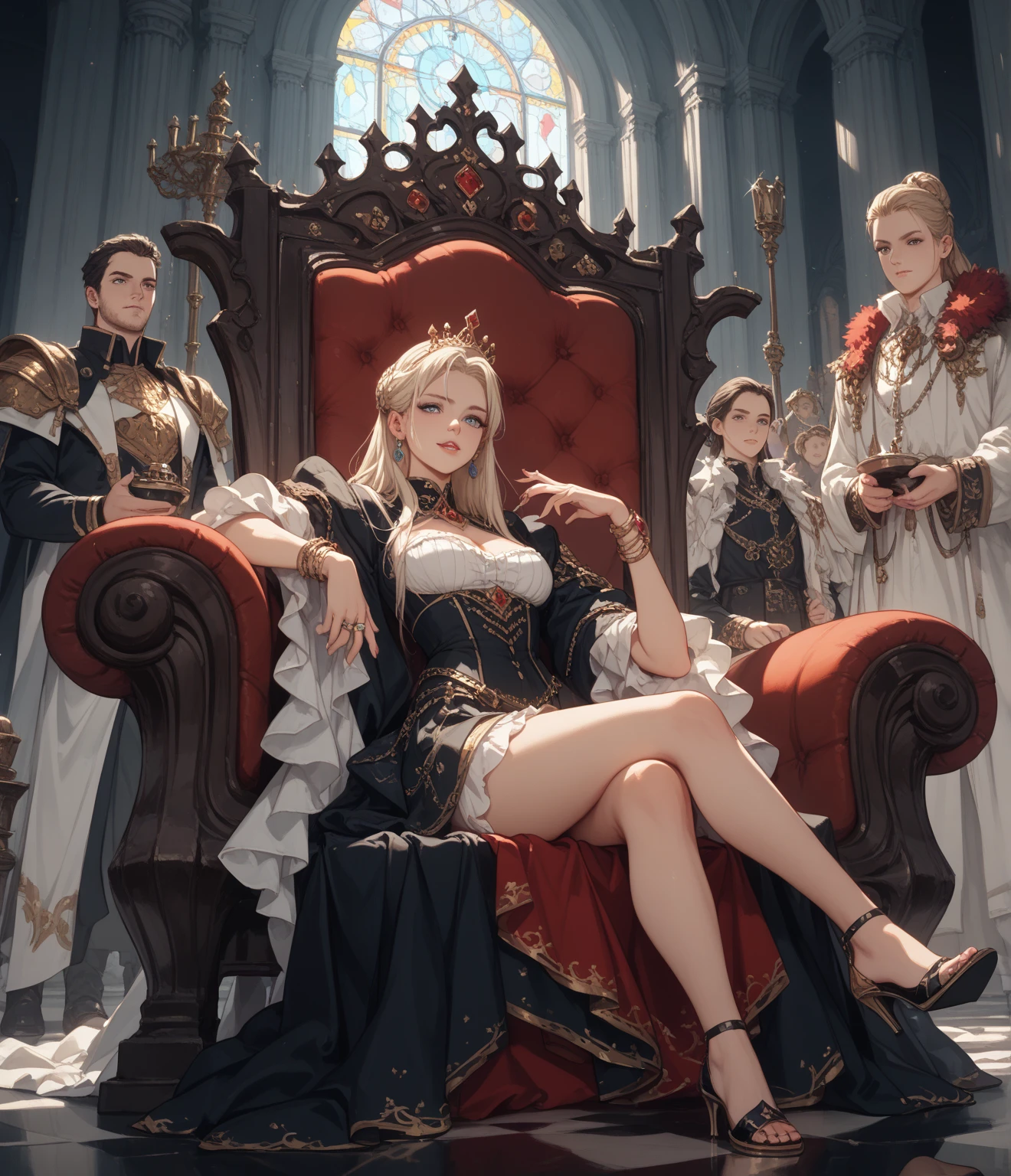 (masterpiece, best quality), best resolution, (3heads:1.5), dynamic angle, leotard, holding a sword, knight, armor, 1girl, angry, smug, blonde, blue eyes, cape, sitting on a throne, legs crossed