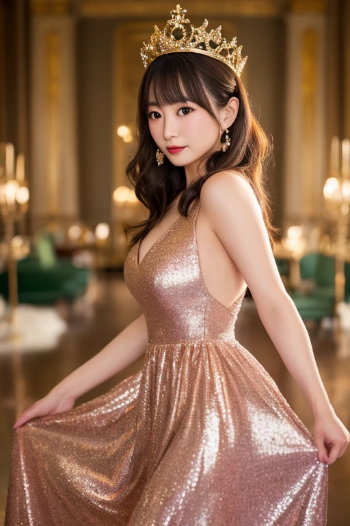 Highest resolution, 4K, Masterpiece: 1.3), A Japanese milf, Sexy: 1.1, fine eyes, Slender figure, Realistic teeth, double eyelids, full body, best quality, detailed, beauty, new year party, wear dress