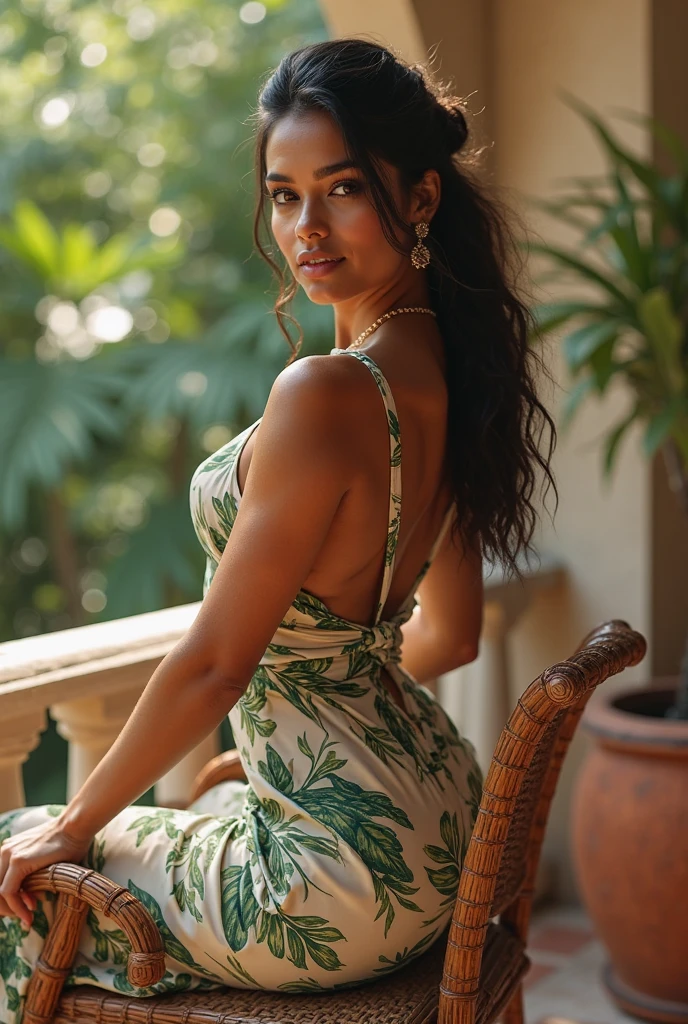 Beautiful 26 years old woman, 170cm high, 60 kg weight, white skin, long dark hair, green eyes, wearing front knot print dress, heels, (((tropical plant background))), close to a palm, cute smile, natural morning light, realistic, analog style, breast, nipple, (((full body))), from behind